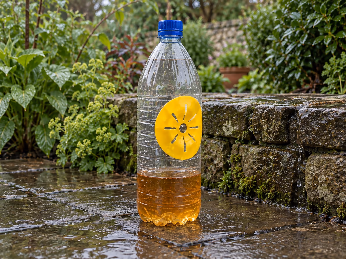 Bouteille plastique posée contre un muret, paroi ruisselante après la pluie, niveau d'un liquide ambré visible sous l'ouverture découpée