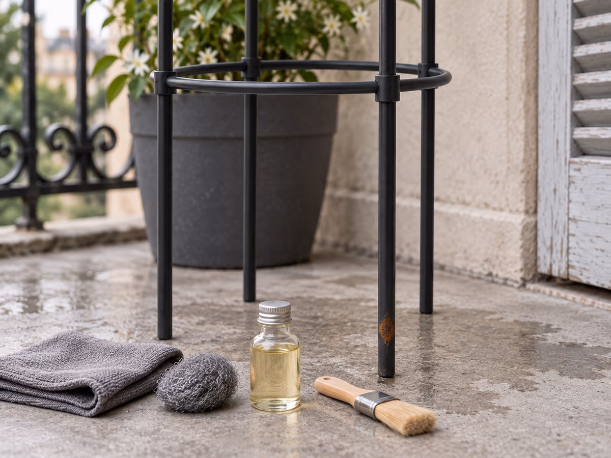 Chiffon et paille de fer posés sur une dalle de balcon devant un montant de treillis métallique noir, petit flacon d'huile et pinceau à portée