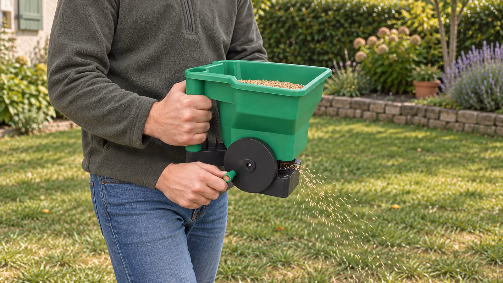 Épandeur à main vert utilisé pour semer une petite pelouse dans un jardin