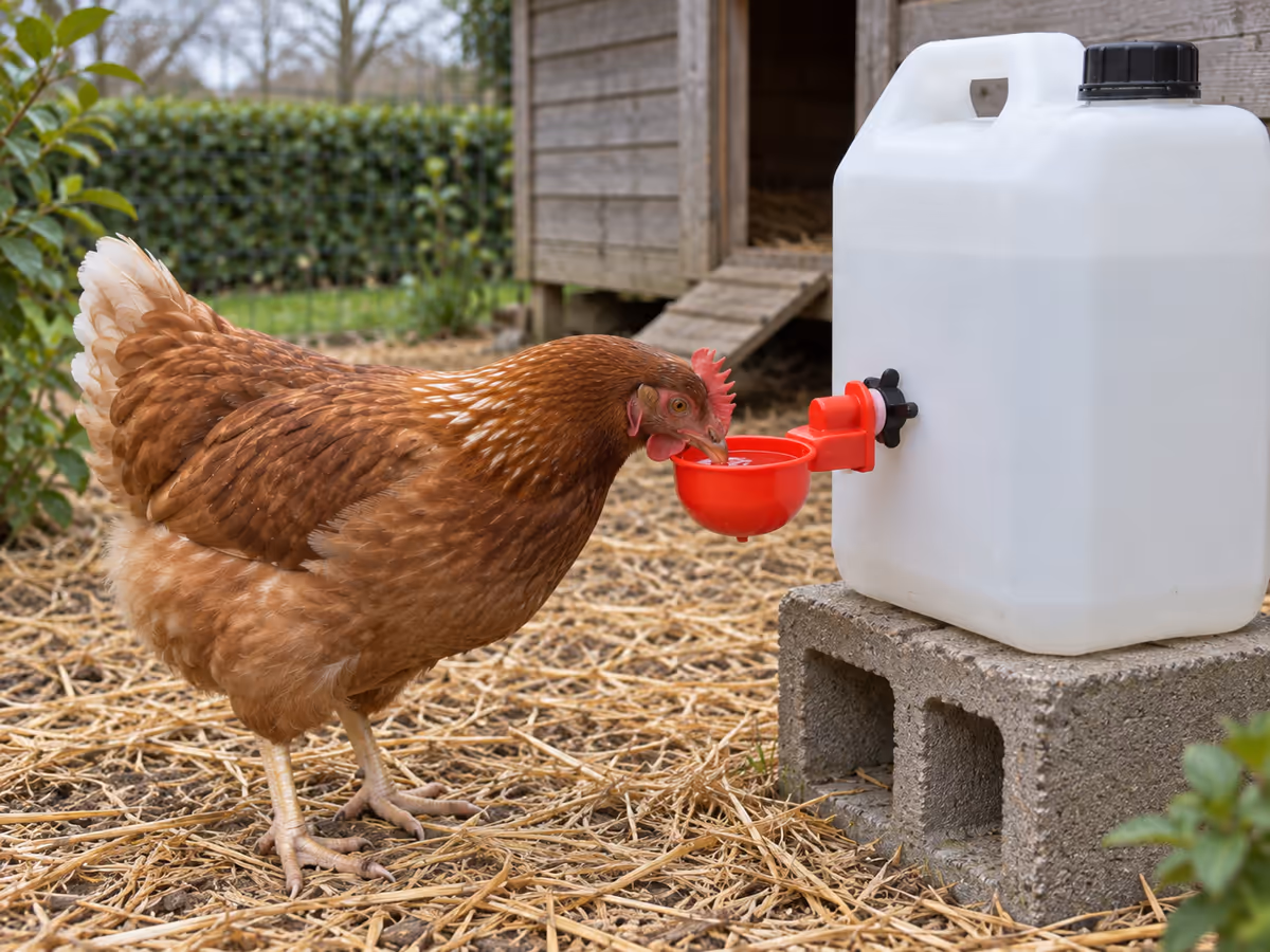 Poule buvant dans un bol rouge fixé à un bidon surélevé sur des parpaings