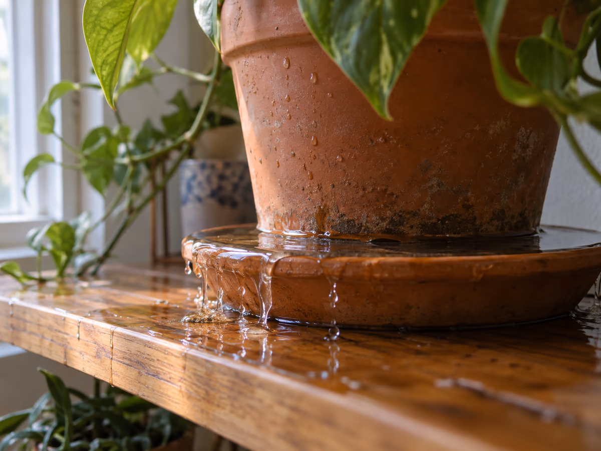 Une soucoupe de pot de fleurs remplie d'eau stagnante sur une étagère en bois
