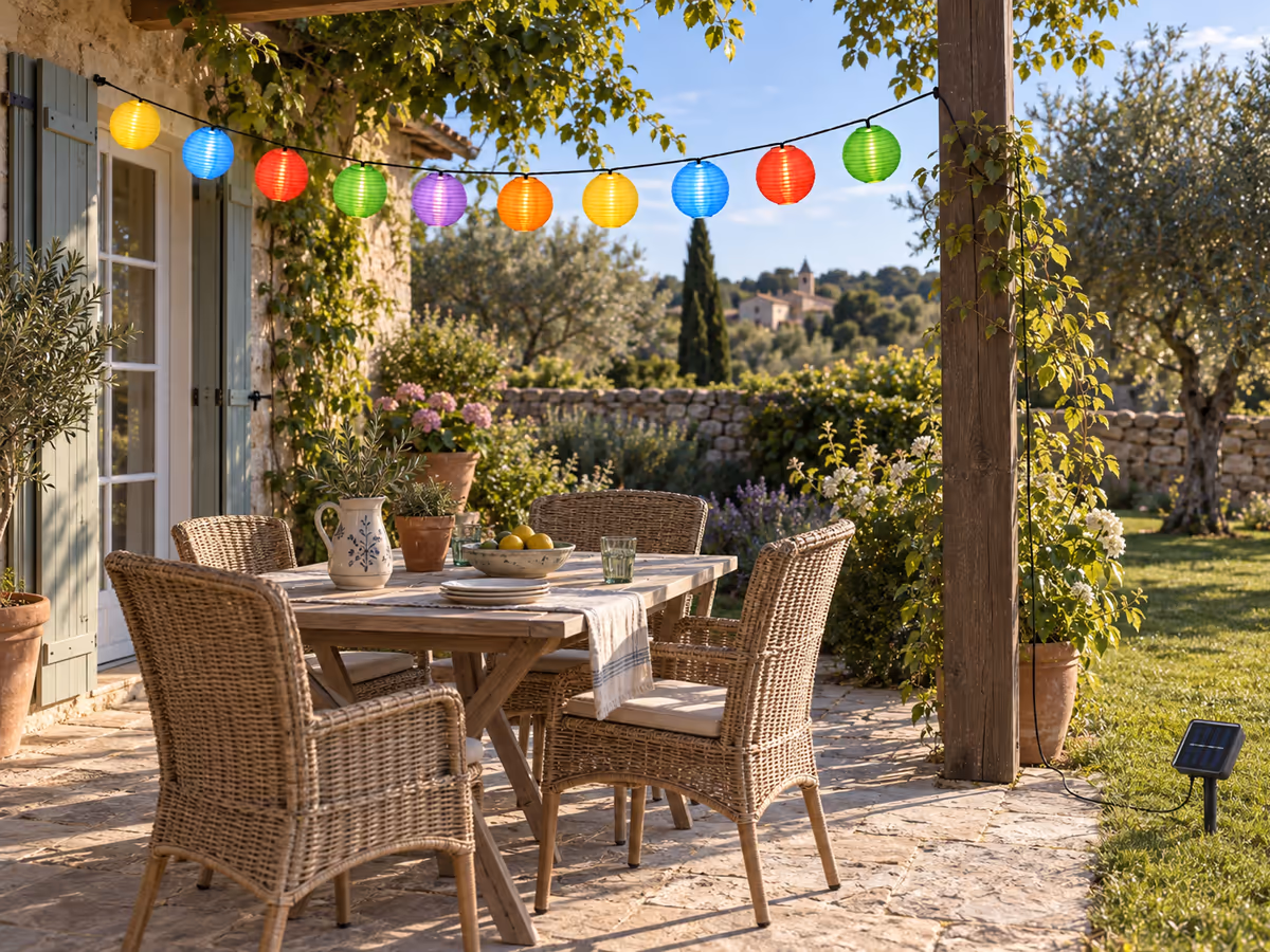 Dix lanternes de tissu coloré alignées au-dessus d'une petite table, avec le câble descendant vers le panneau