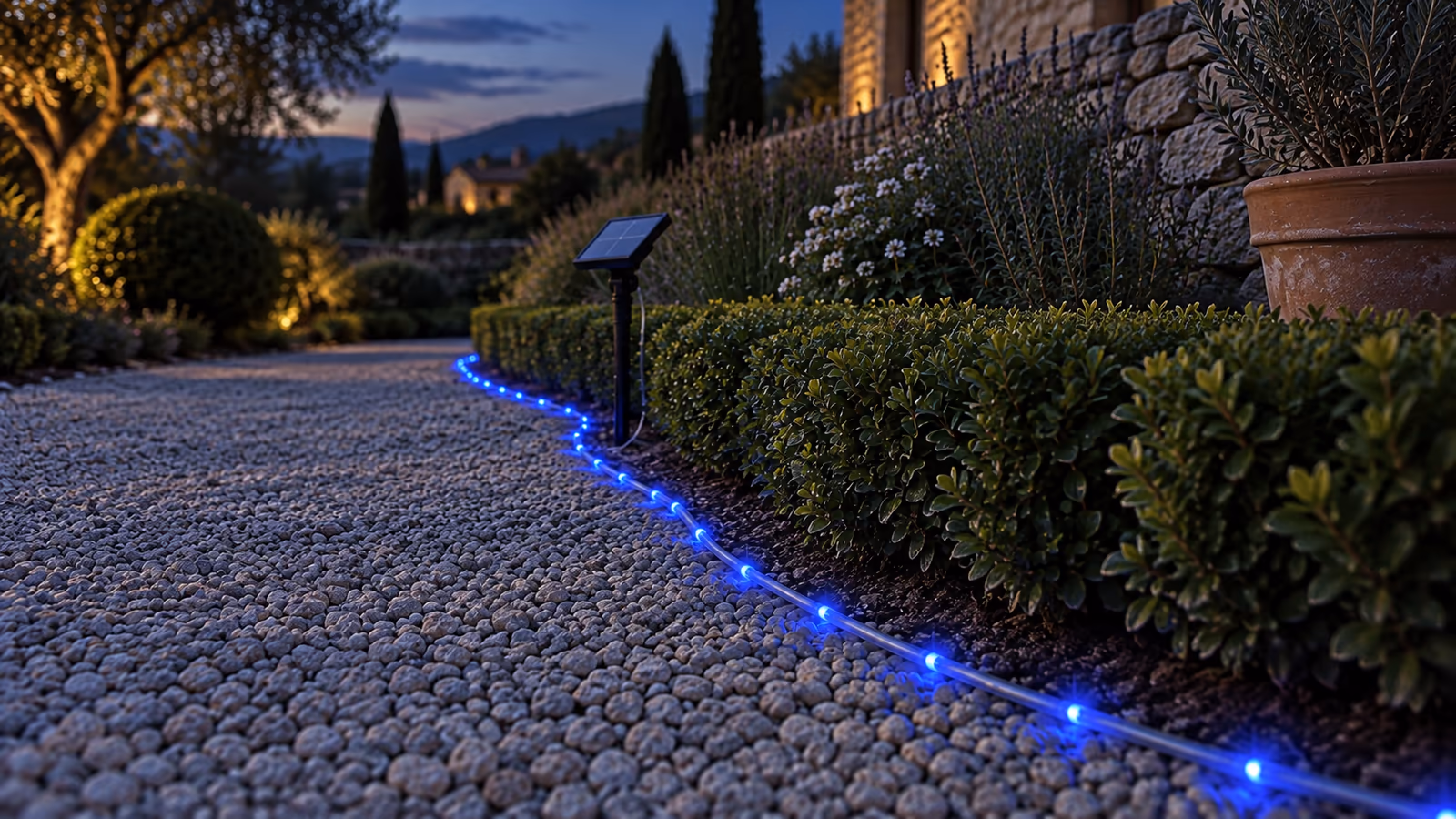 Corde lumineuse solaire bleue installée le long d'une bordure de jardin à la tombée de la nuit