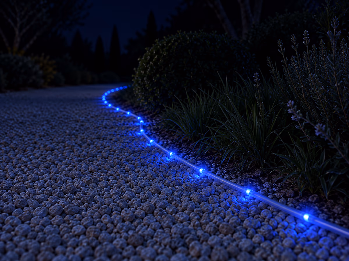 Corde lumineuse bleue éclairant doucement le bord d'un chemin en gravier