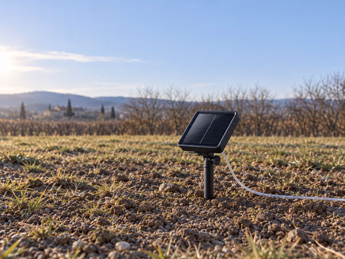 Panneau solaire de guirlande planté dans le sol, dégagé de toute végétation