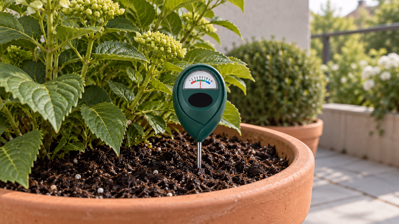 Humidimètre à pointes planté dans un pot en terre cuite avec son cadran de lecture visible