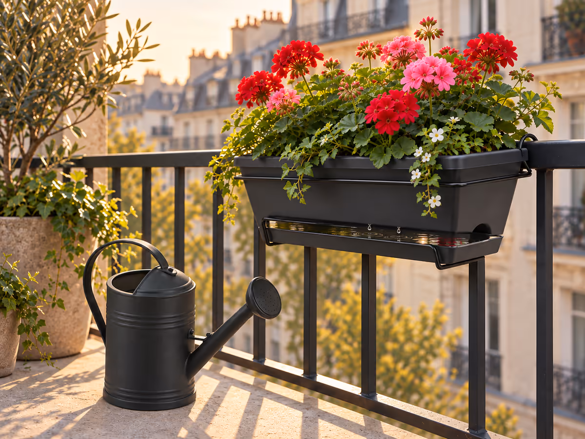 Arrosoir noir à bec long posé contre le pied des plantes d'une jardinière de rambarde, le plateau sous le bac laissant voir l'eau écoulée