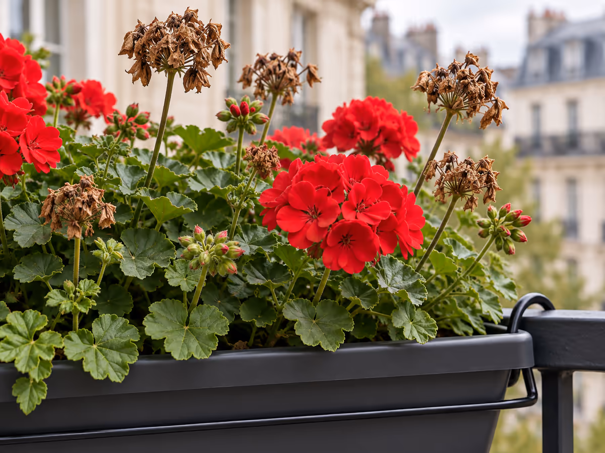 Touffe de géraniums rouges dans une jardinière de balcon, avec quelques fleurs fanées brunes au-dessus du feuillage