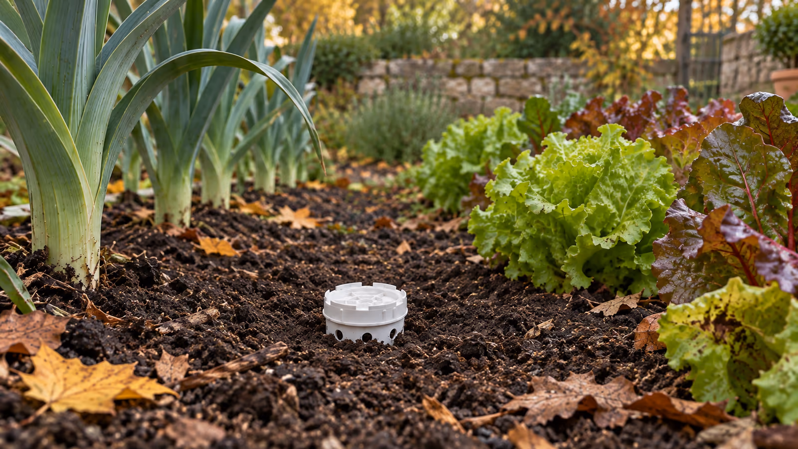Lombricomposteur extérieur installé au ras du sol entre deux cultures dans le potager