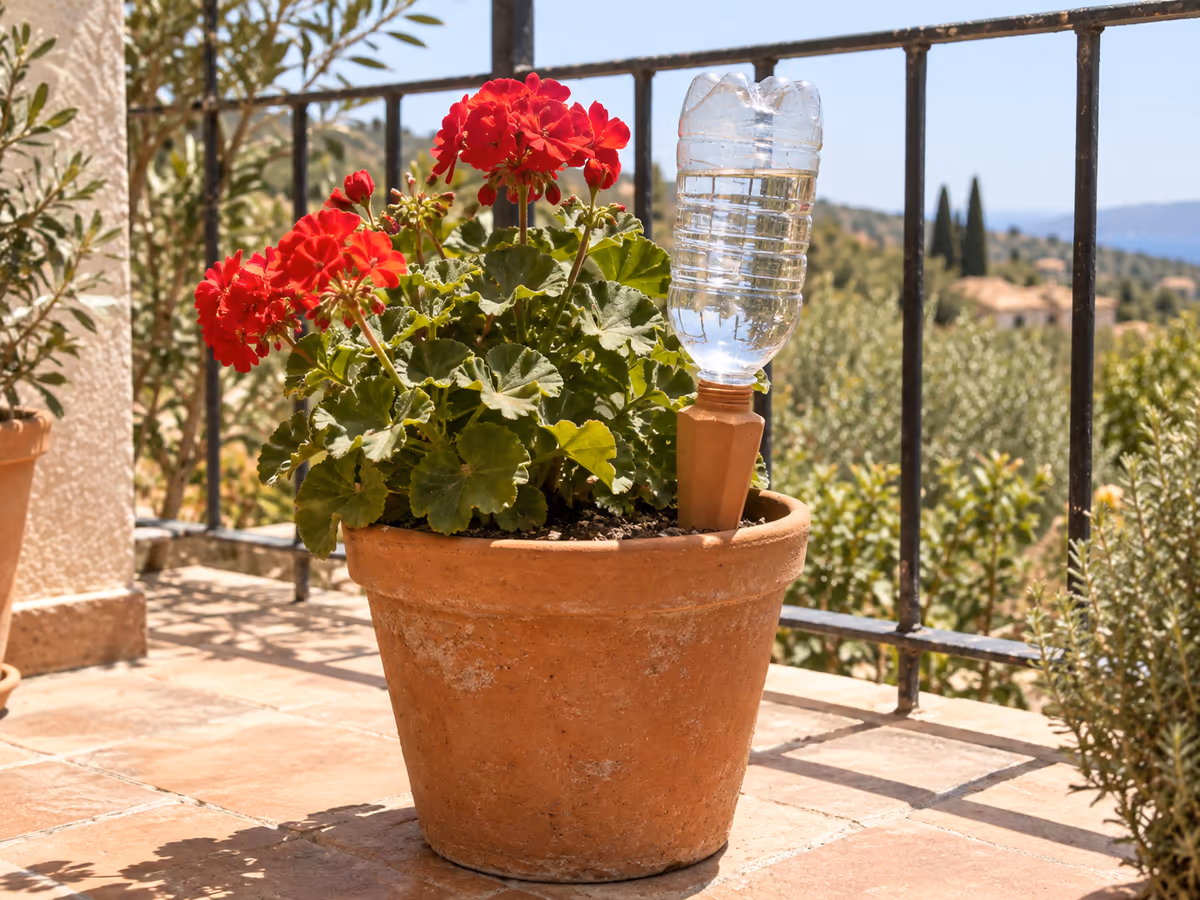 Pot de géranium sur un balcon en plein soleil, pique en terre cuite et bouteille en plastique en place, ombre courte de midi