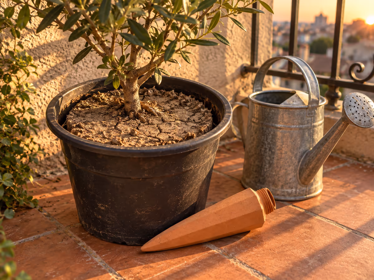 Terre sèche qui s'est détachée du bord d'un pot, arrosoir posé à côté sur un sol de balcon en fin de journée
