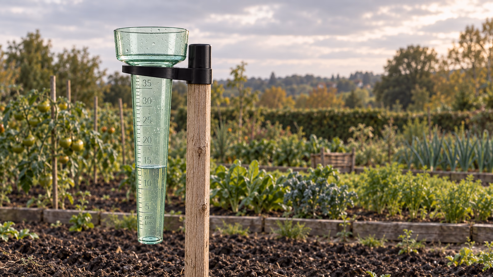 Pluviomètre de jardin gradué rempli d'eau après une averse, fixé sur un piquet dans un potager dégagé