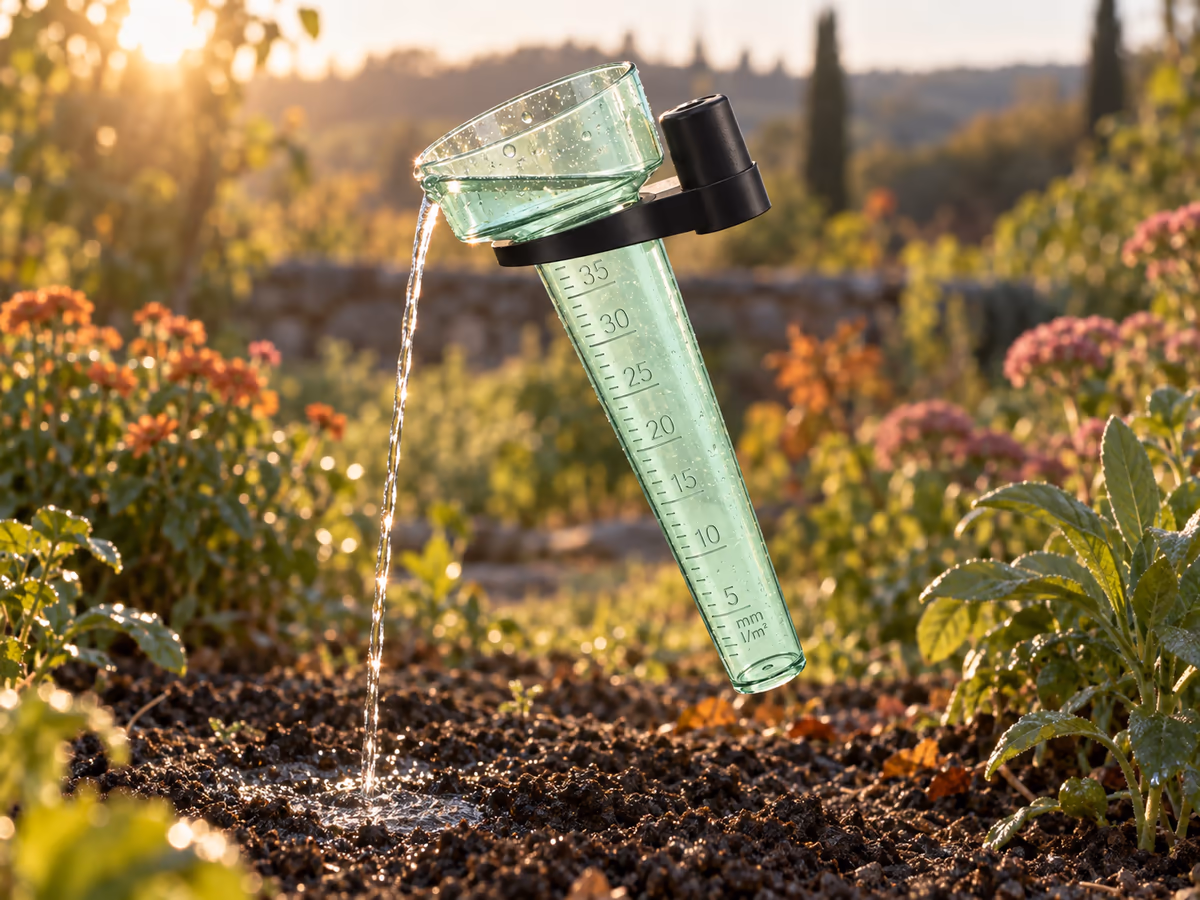 Main vidant l'eau d'un tube gradué au-dessus de la terre d'un massif de fleurs au soleil du matin