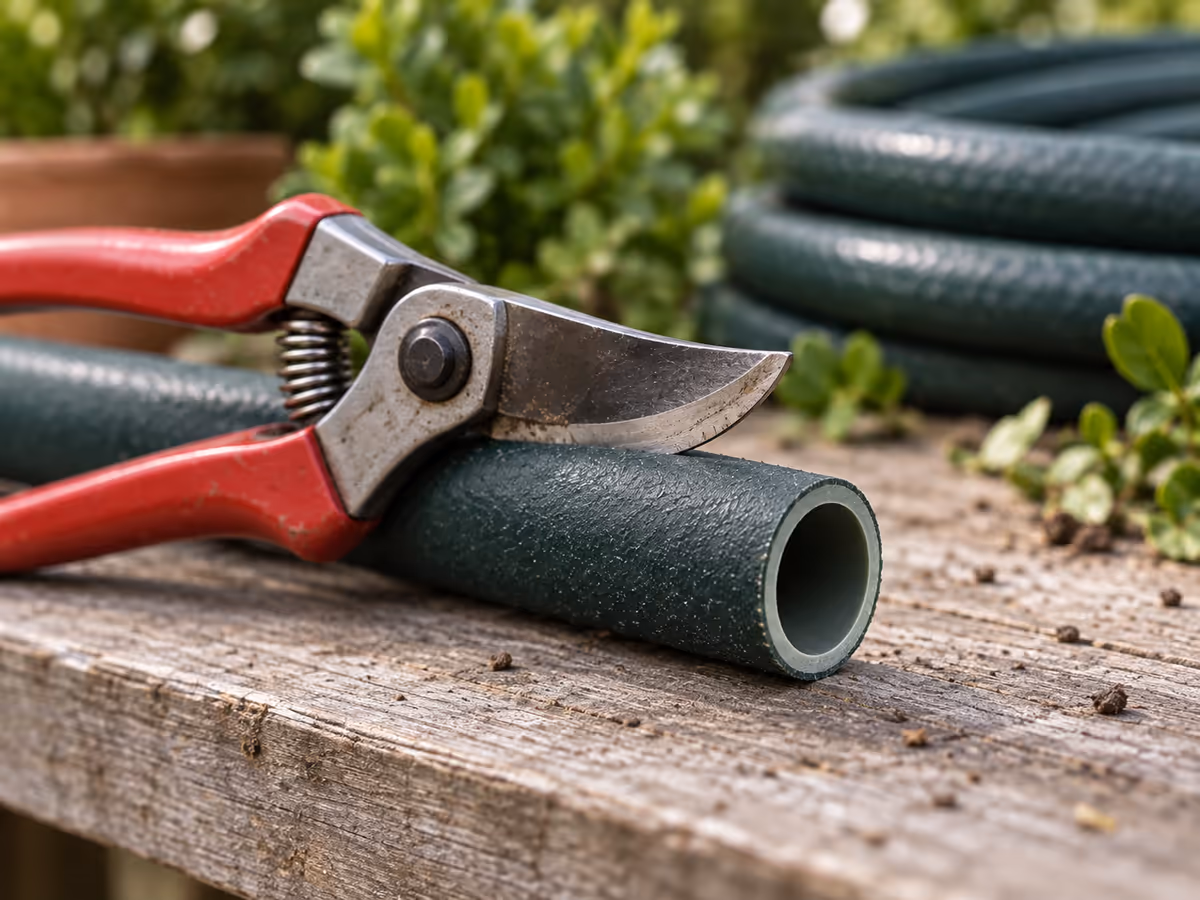 Coupe droite d'un tuyau d'arrosage 19 mm à l'aide d'un sécateur de jardin