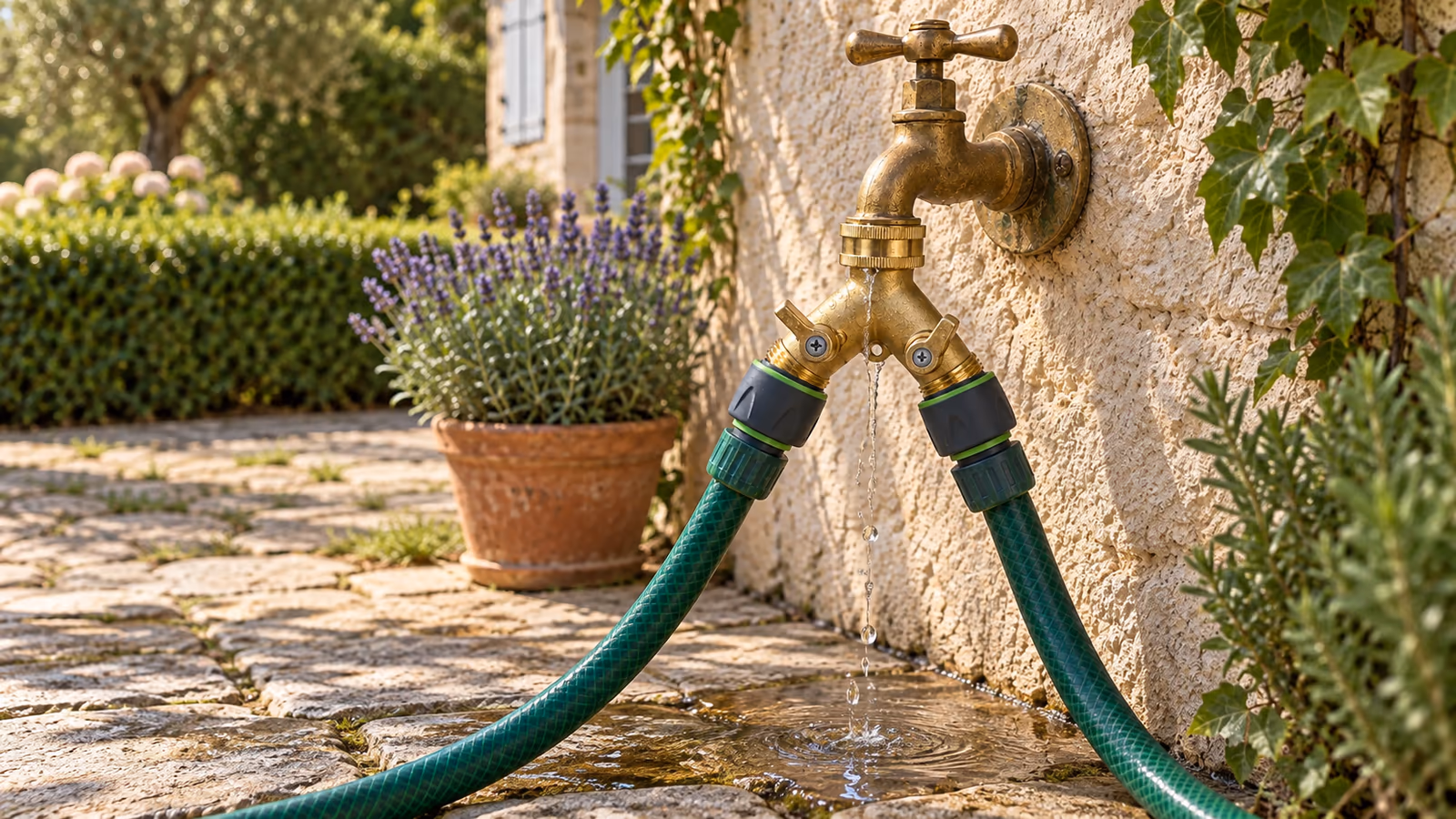 Répartiteur en laiton vissé sur un robinet extérieur, une flaque d'eau visible sous le raccord mal serré