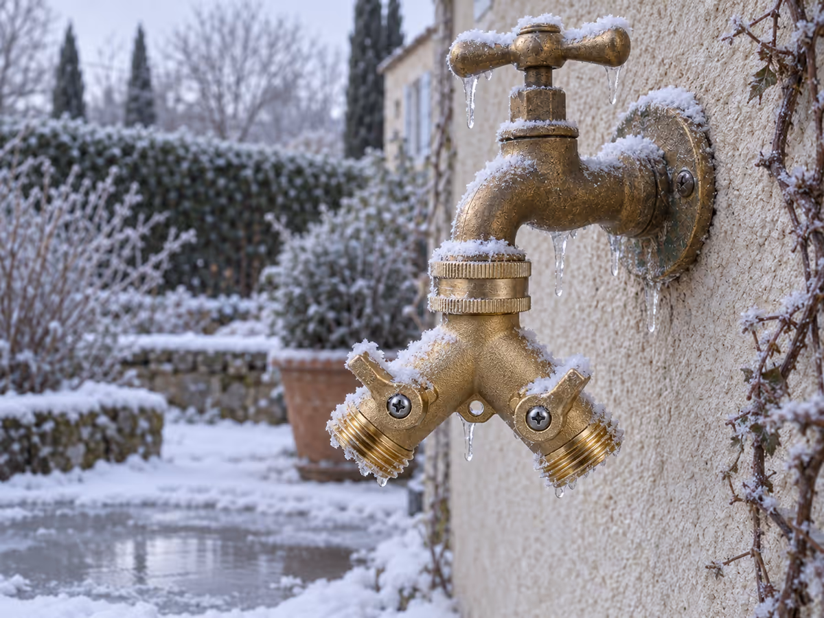 Raccord de robinet extérieur laissé en place sous la neige avec des traces de gel