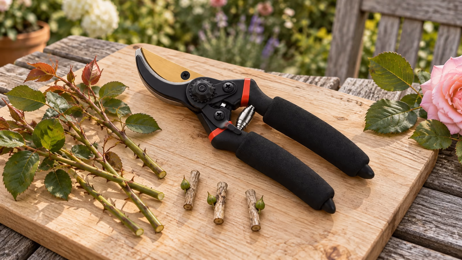 Sécateur bypass fermé posé sur une planche de bois clair, rameaux de rosier taillés et petits chicots secs alignés à côté