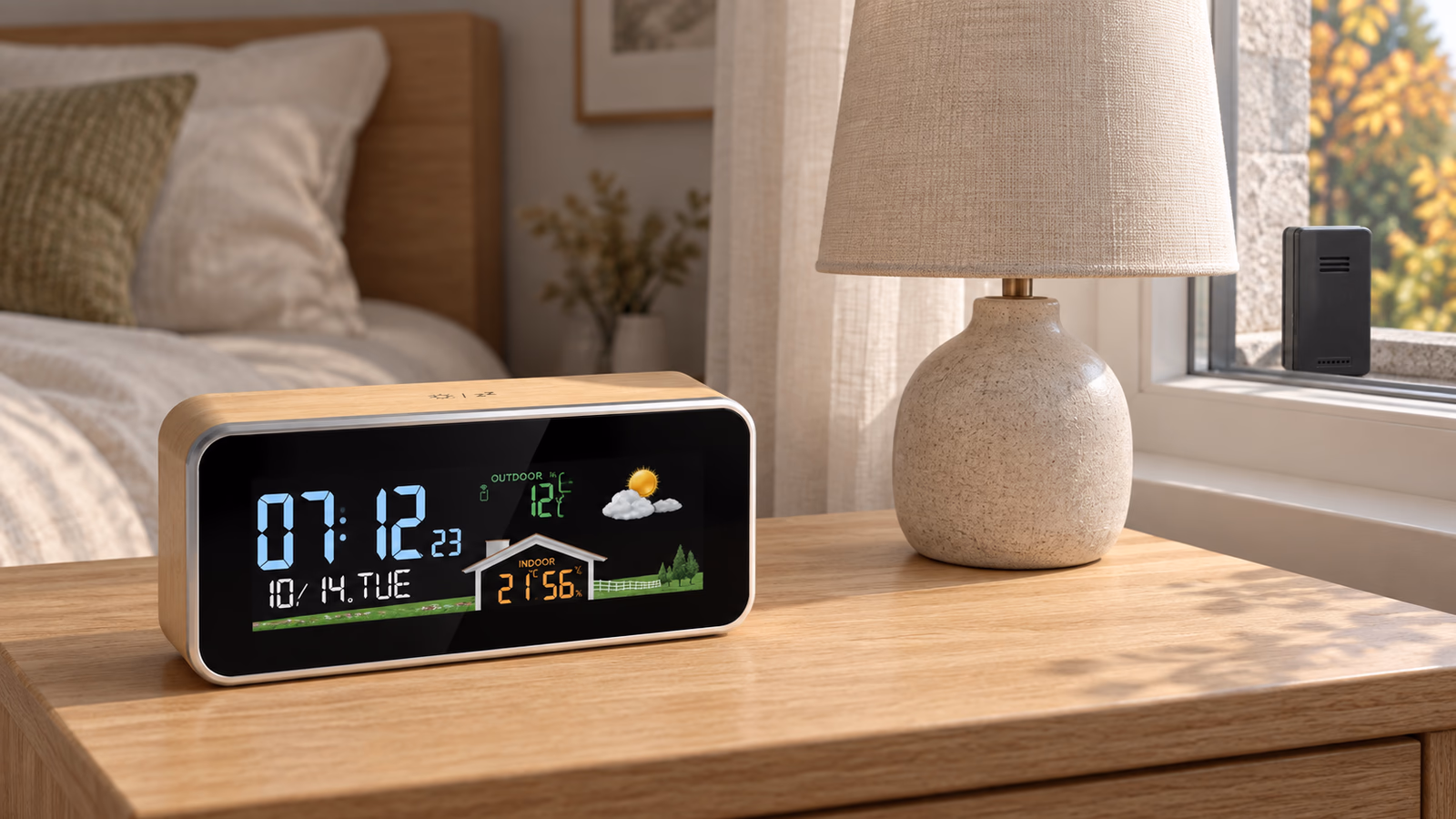 Boîtier de station météo à habillage clair posé sur une table de nuit, lampe de chevet éteinte à distance, sonde extérieure visible derrière la vitre