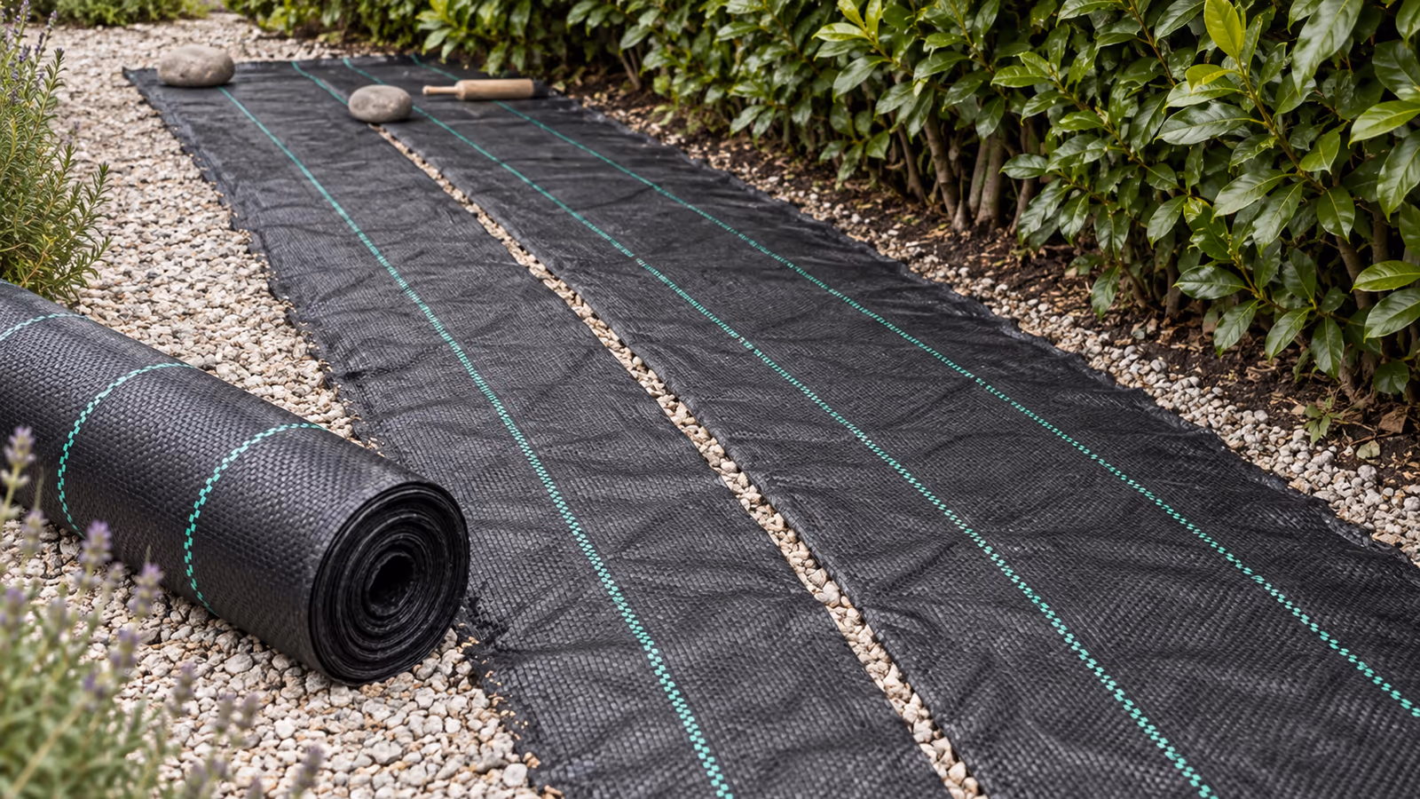 Rouleau de toile de paillage tissée noire déroulé sur une allée de gravier clair au pied d'une haie, bords maintenus par des pierres