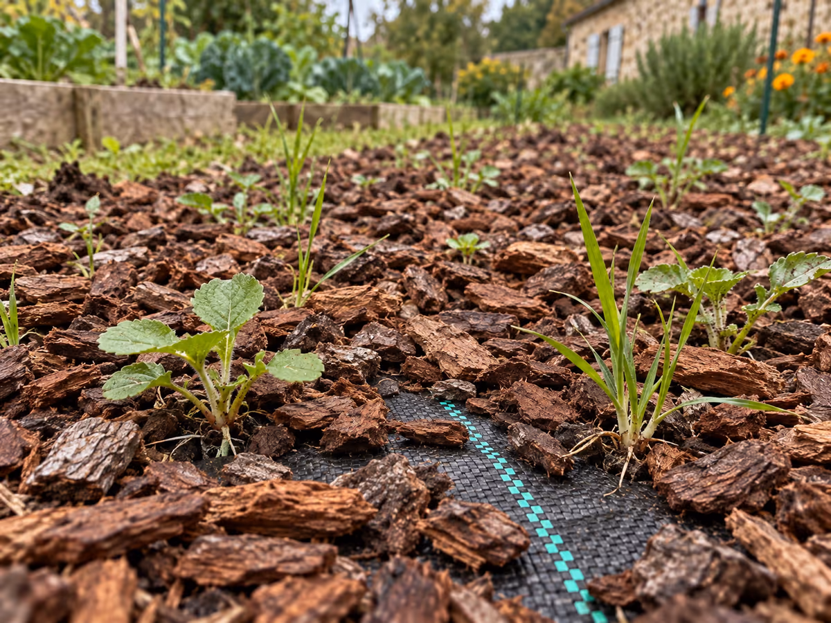 Couche d'écorces de pin étalée sur une toile de paillage tissée noire, jeunes pousses d'herbe levées dans les copeaux
