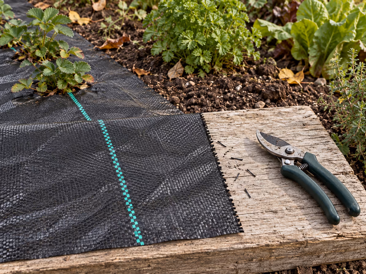 Toile de paillage tissée noire posée sur une planche de bois, tranche fraîchement coupée visible le long du massif