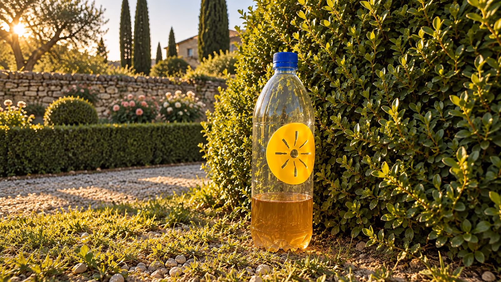 Bouteille plastique transparente équipée d'une pièce jaune sur la paroi, posée contre une haie taillée en fin de journée