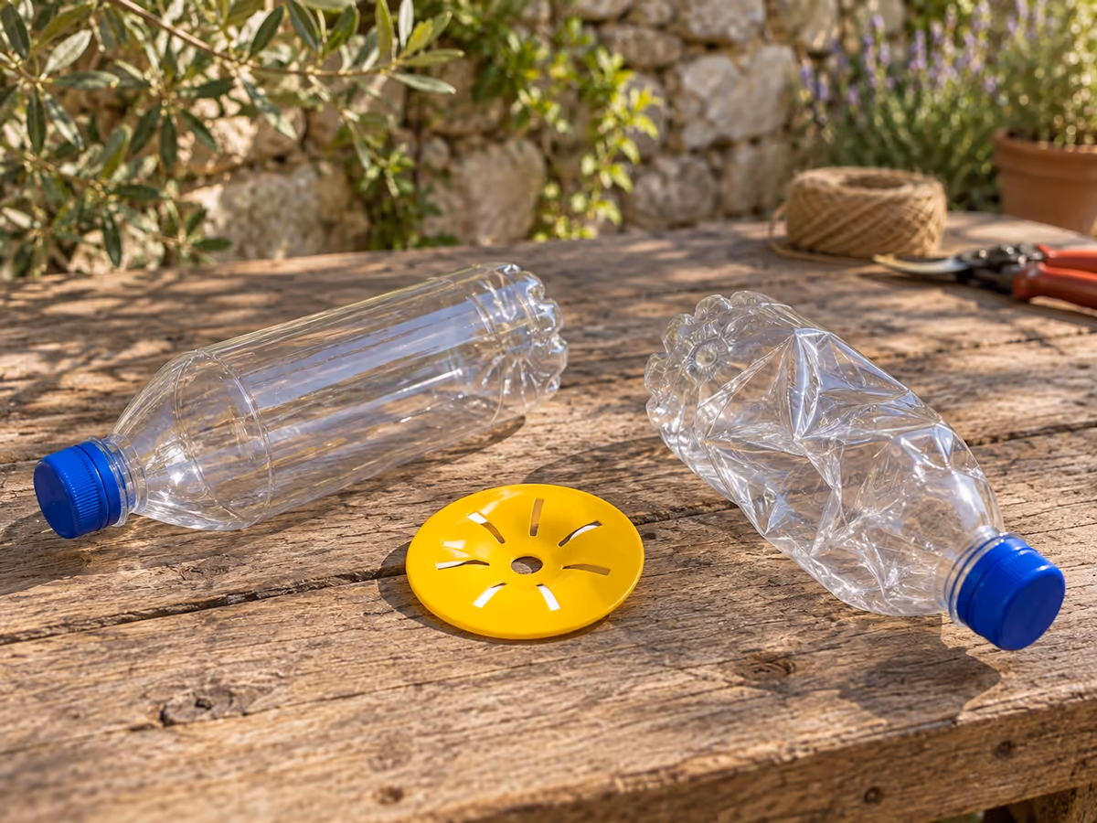 Deux bouteilles plastiques vides côte à côte sur un établi de jardin, l'une à paroi lisse, l'autre cabossée, pièce jaune posée à plat