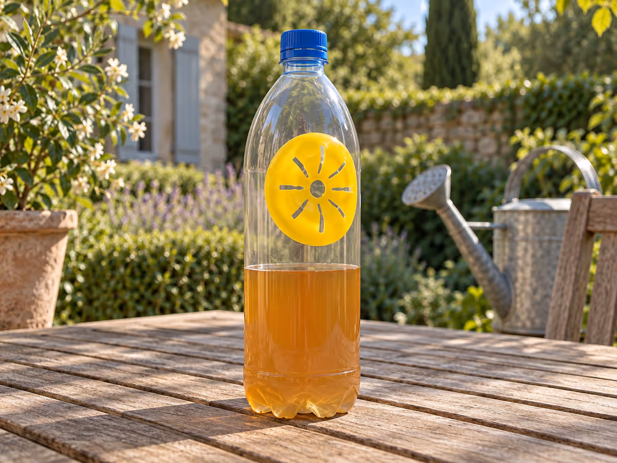 Bouteille plastique transparente à demi remplie d'un liquide ambré posée sur une table de jardin, pièce jaune plaquée sur la paroi au-dessus