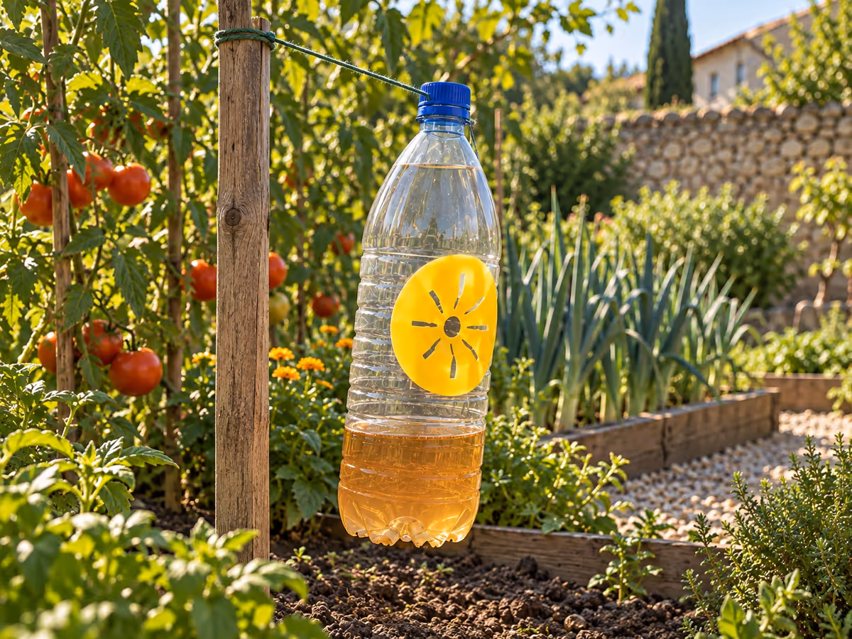 Bouteille plastique équipée de la pièce jaune, suspendue par une ficelle à un piquet devant un carré de potager