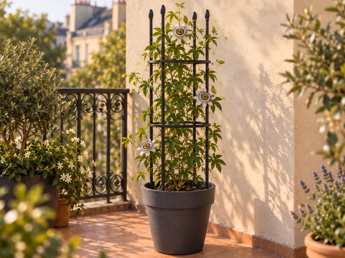 Treillis métallique noir en deux étages dans un grand pot, tiges de fruit de la passion passées derrière le cercle du haut