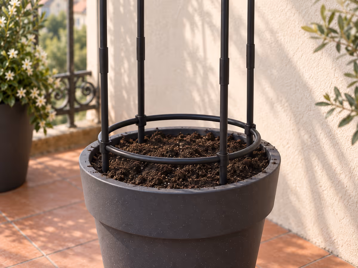 Quatre pieds de treillis noir descendus au fond d'un pot de balcon, terreau versé autour, cercle du bas au-dessus de la surface