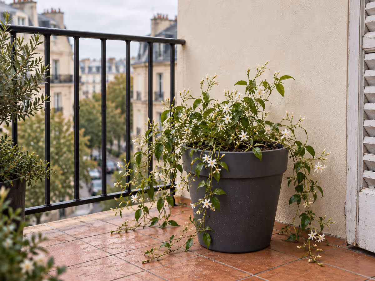 Balcon en location avec façade nue et pot de grimpante posé au sol, aucun point d'accroche sur le garde-corps