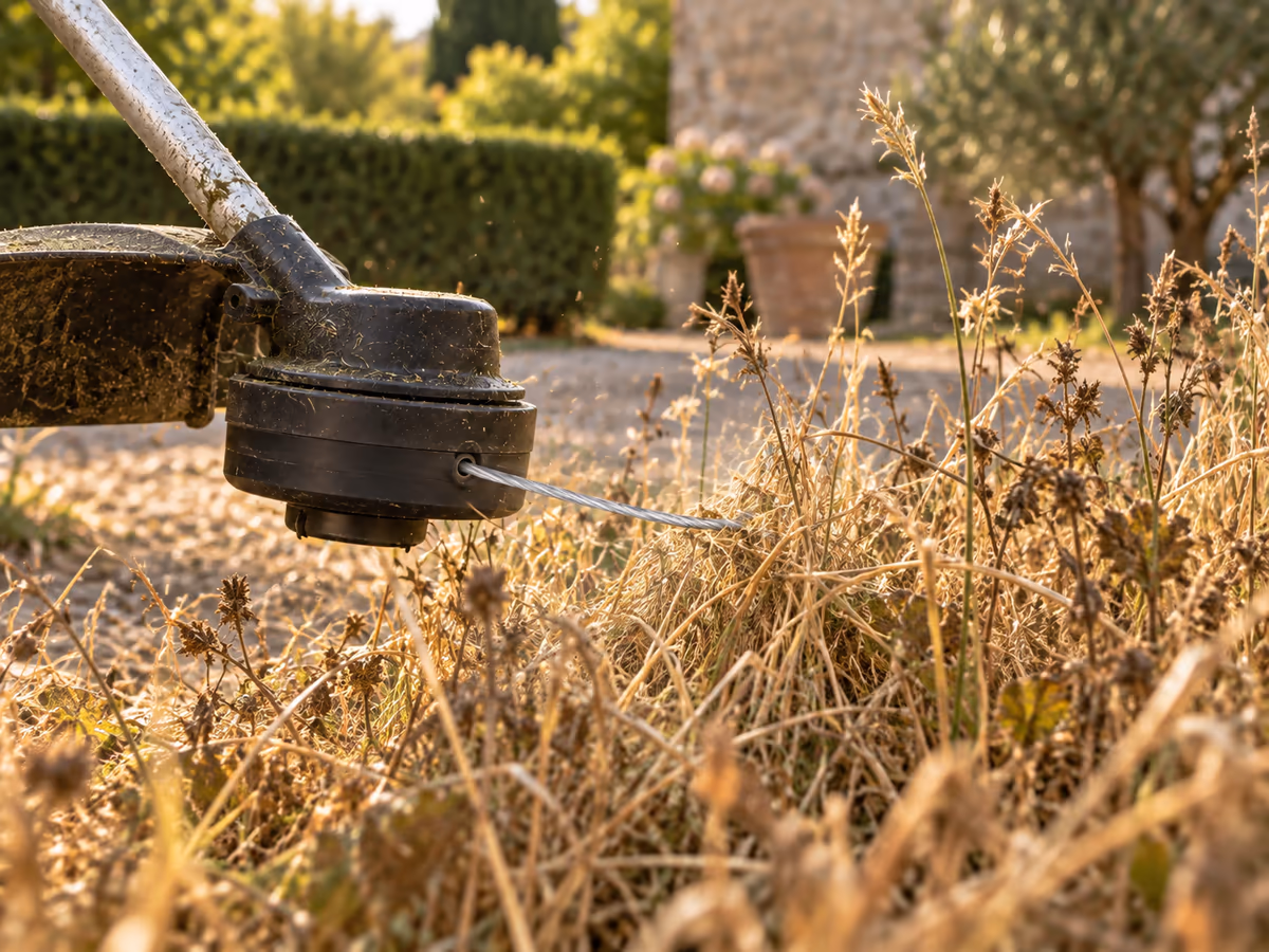 Touffe d'herbe sèche et d'orties fanées devant une tête de coupe tenue à quelques centimètres du sol, en fin d'été