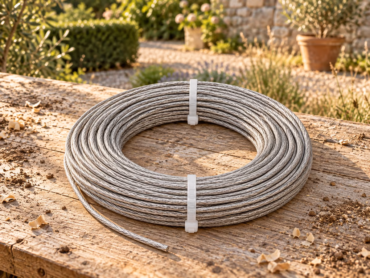 Bobine de fil d'acier gris de 15 m posée à plat sur un établi de jardin, extrémité du brin déroulée sur quelques centimètres
