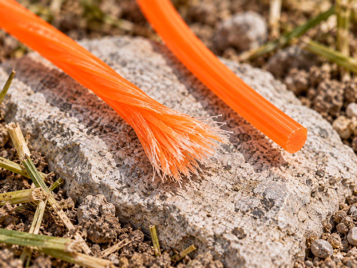Extrémité effilochée d'un fil de coupe orange posée sur une pierre claire, brins de nylon éclatés en pinceau