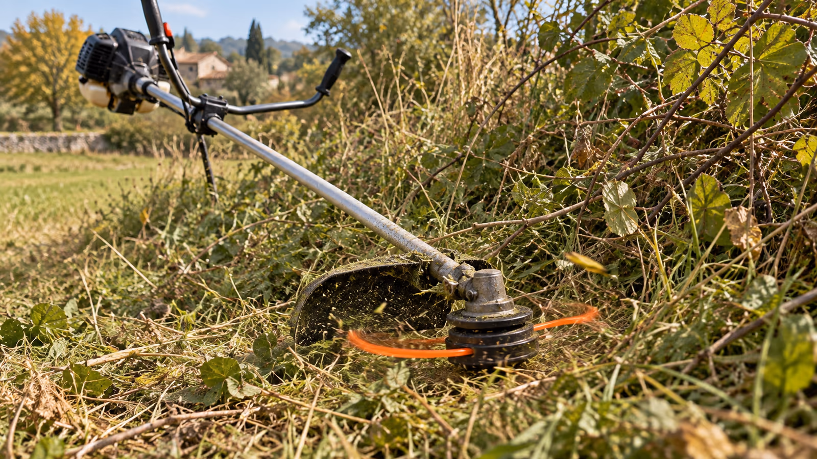 Débroussailleuse au travail dans une friche d'herbes hautes et de ronces, fil de coupe orange lancé à pleine vitesse
