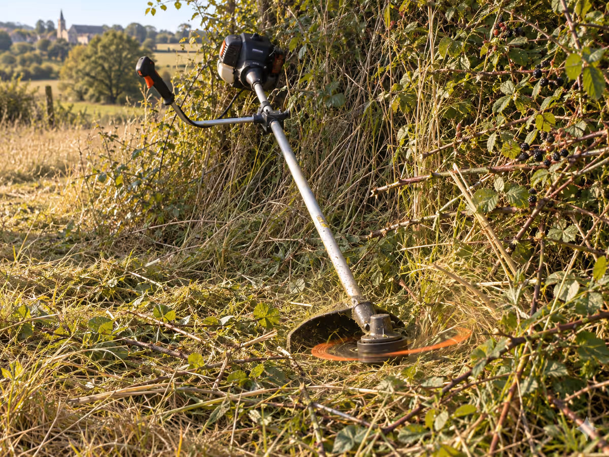 Débroussailleuse en appui sur une friche d'herbes hautes et de ronces en lisière de terrain, fil de coupe orange lancé dans la végétation