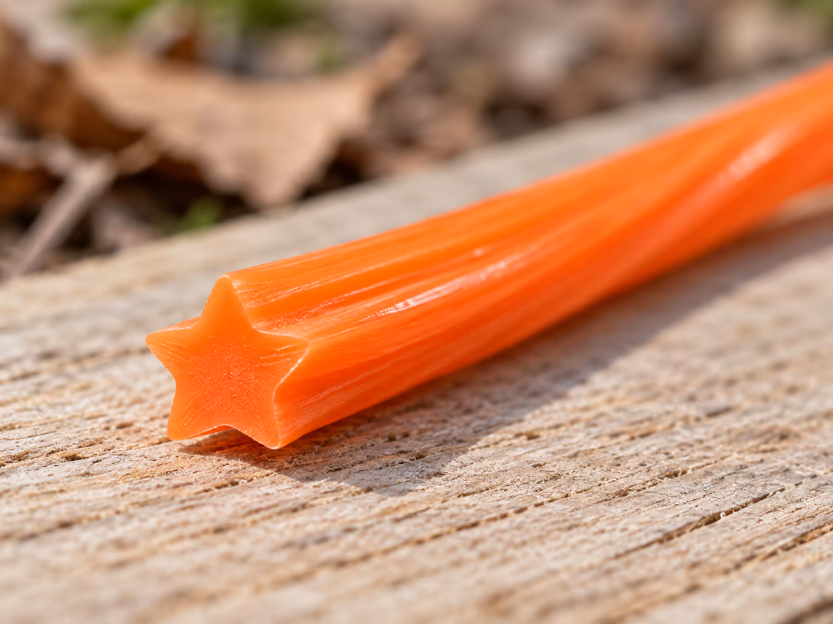 Gros plan sur un brin de fil de coupe orange à section étoile posé sur un bois clair, arêtes visibles de bout