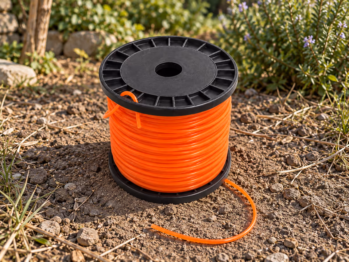 Bobine de fil de coupe orange à flasques noires crantées posée sur de la terre sèche, un brin déroulé sur quelques dizaines de centimètres