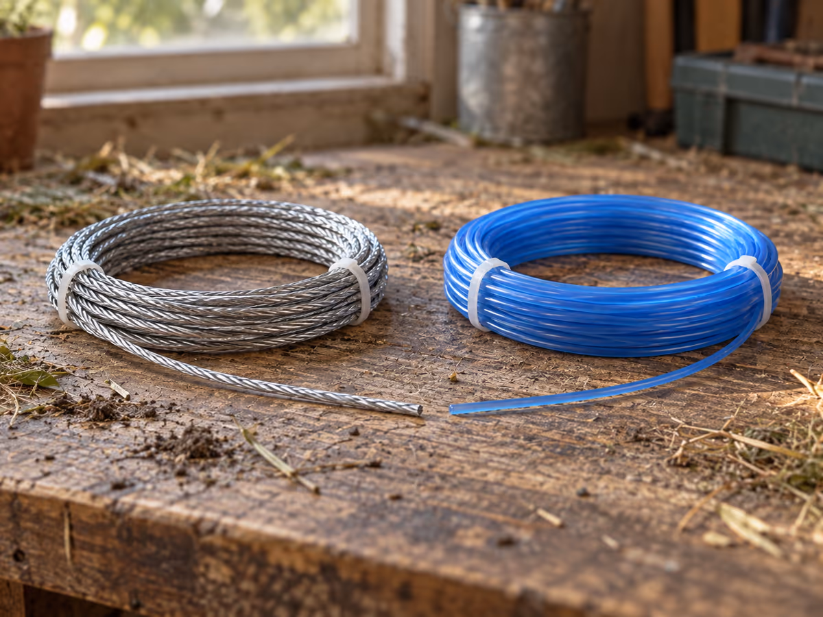 Une bobine de fil d'acier torsadé et une bobine de fil nylon translucide posées sur un établi de jardin, extrémités déroulées côte à côte