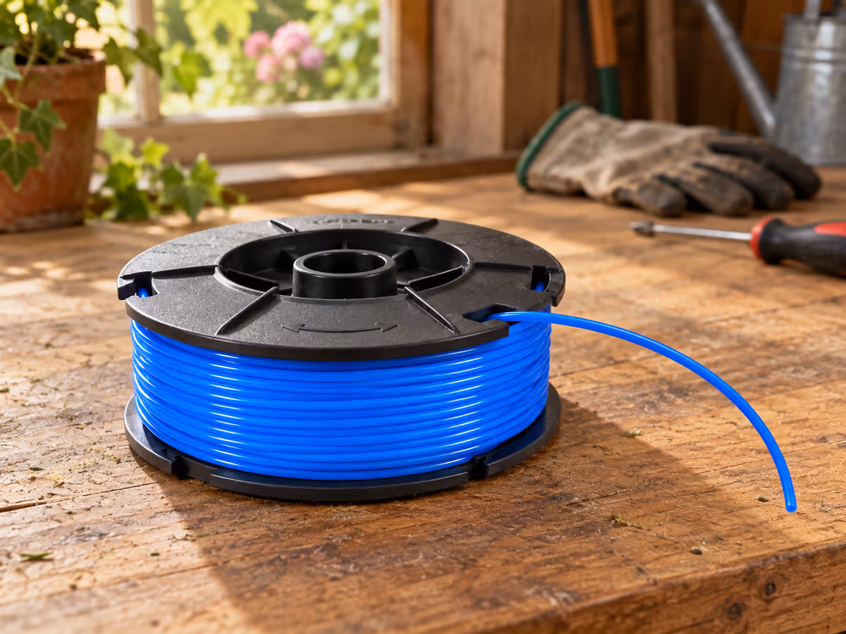 Bobine de tête tenue à plat sur un établi, fil bleu enroulé en spires jointives autour du moyeu