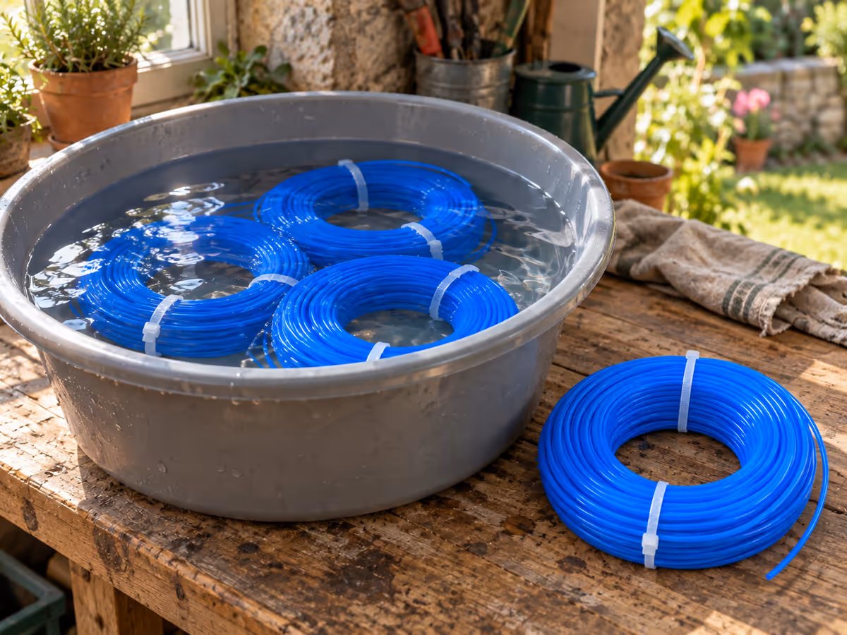 Brins de fil bleu trempant dans une bassine d'eau claire posée sur un établi, rouleau de réserve à côté