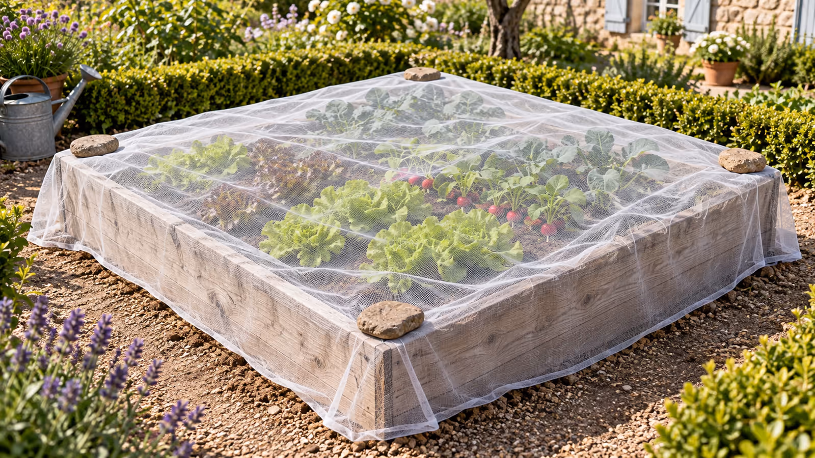 Filet blanc à maille fine posé à plat sur un carré potager en bois, plein soleil