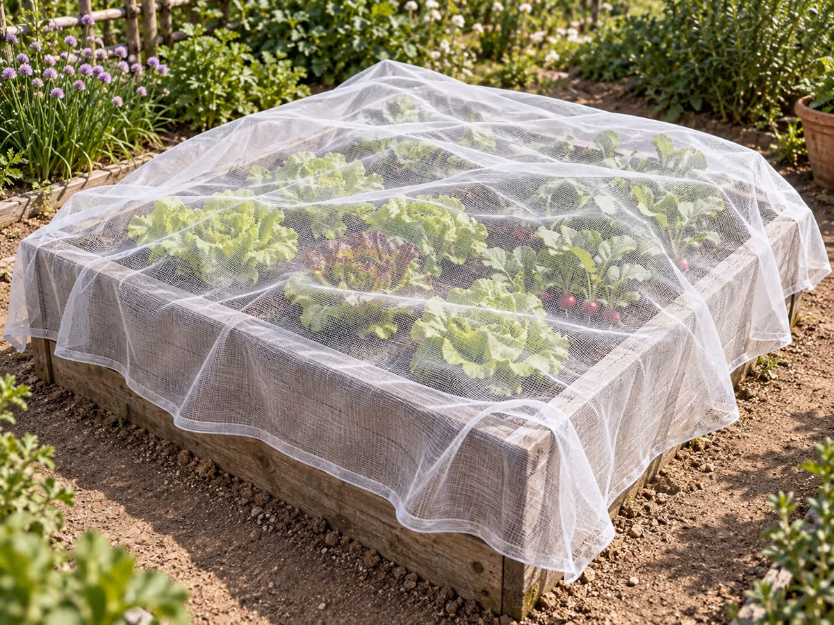 Filet blanc de 2,5 m de large posé sur un carré potager en bois, retombée visible sur les quatre côtés