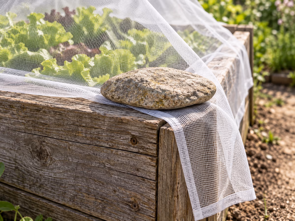 Pierre plate posée sur le rebord d'un carré potager en bois pour lester un filet blanc