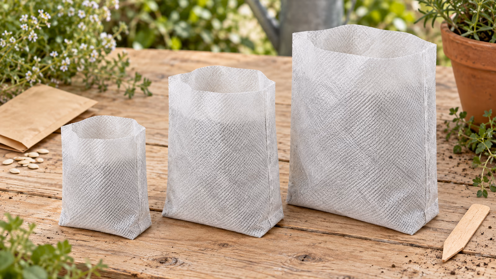 Plusieurs formats de sacs de semis en textile non tissé alignés côte à côte sur un plan de travail bois clair