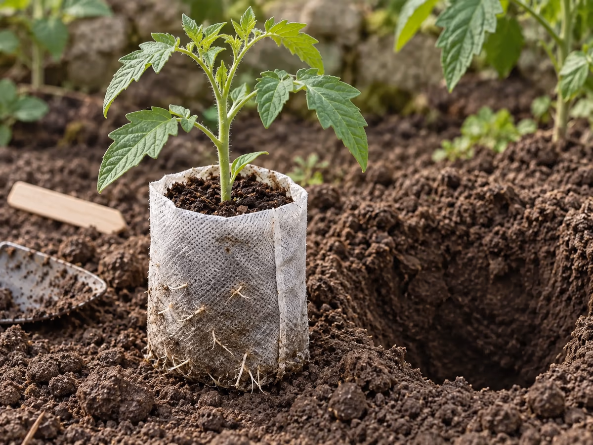 Motte de jeune plant de tomate encore dans son sac de semis, racines blanches et fines traversant la paroi, posée au bord d'un trou de plantation en terre brune