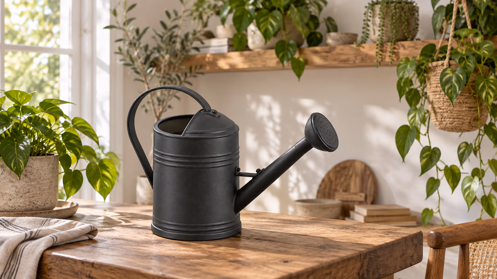 Plante tombante dans un pot suspendu près d'une fenêtre lumineuse avec un arrosoir à bec long sur une table en contrebas