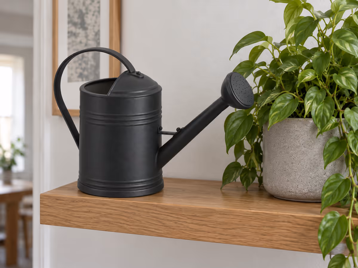 Arrosage d'un pot posé sur une haute étagère en bois avec un arrosoir à bec fin