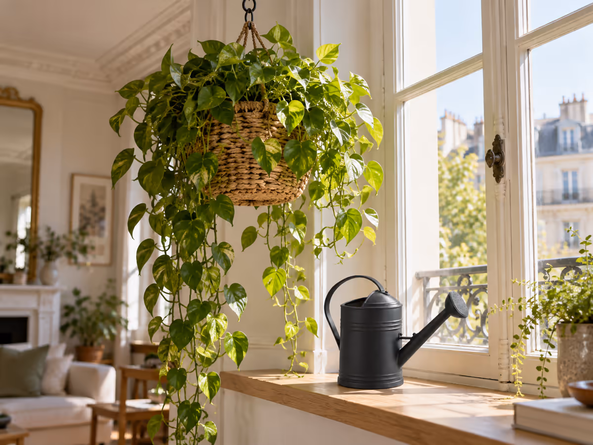 Une plante tombante dans un pot suspendu près d'une fenêtre lumineuse